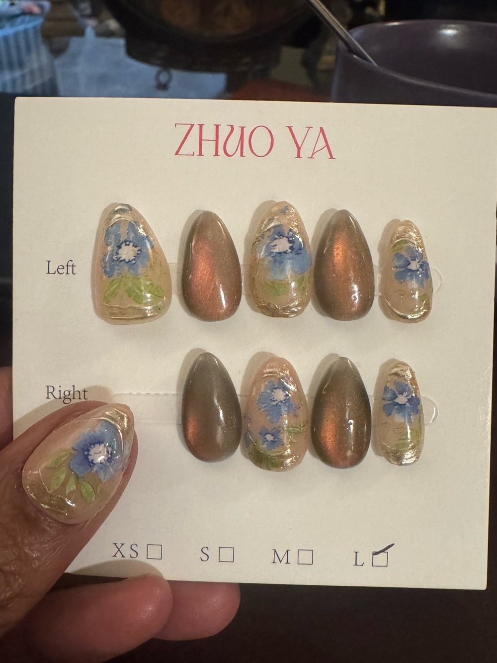 Floral Cat-Eye Press-On Nails in Shimmery Natural and Blue (Short Almond)